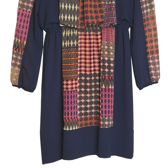 Anthropologie Maeve Peasant Patchwork Print Boho Dress Mini Navy Blue Red Tan XS - Picture 10 of 16
